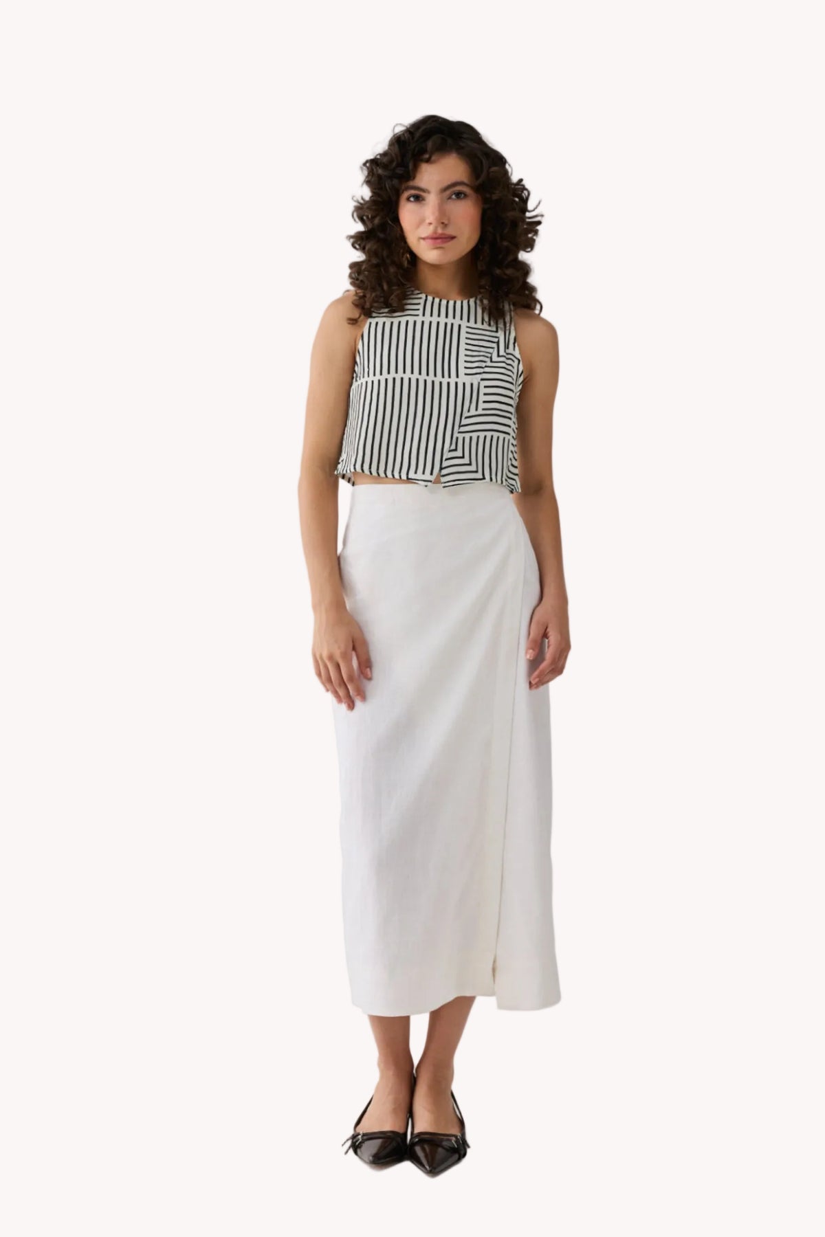 Fitted Overlap Midi Skirt in Off - White