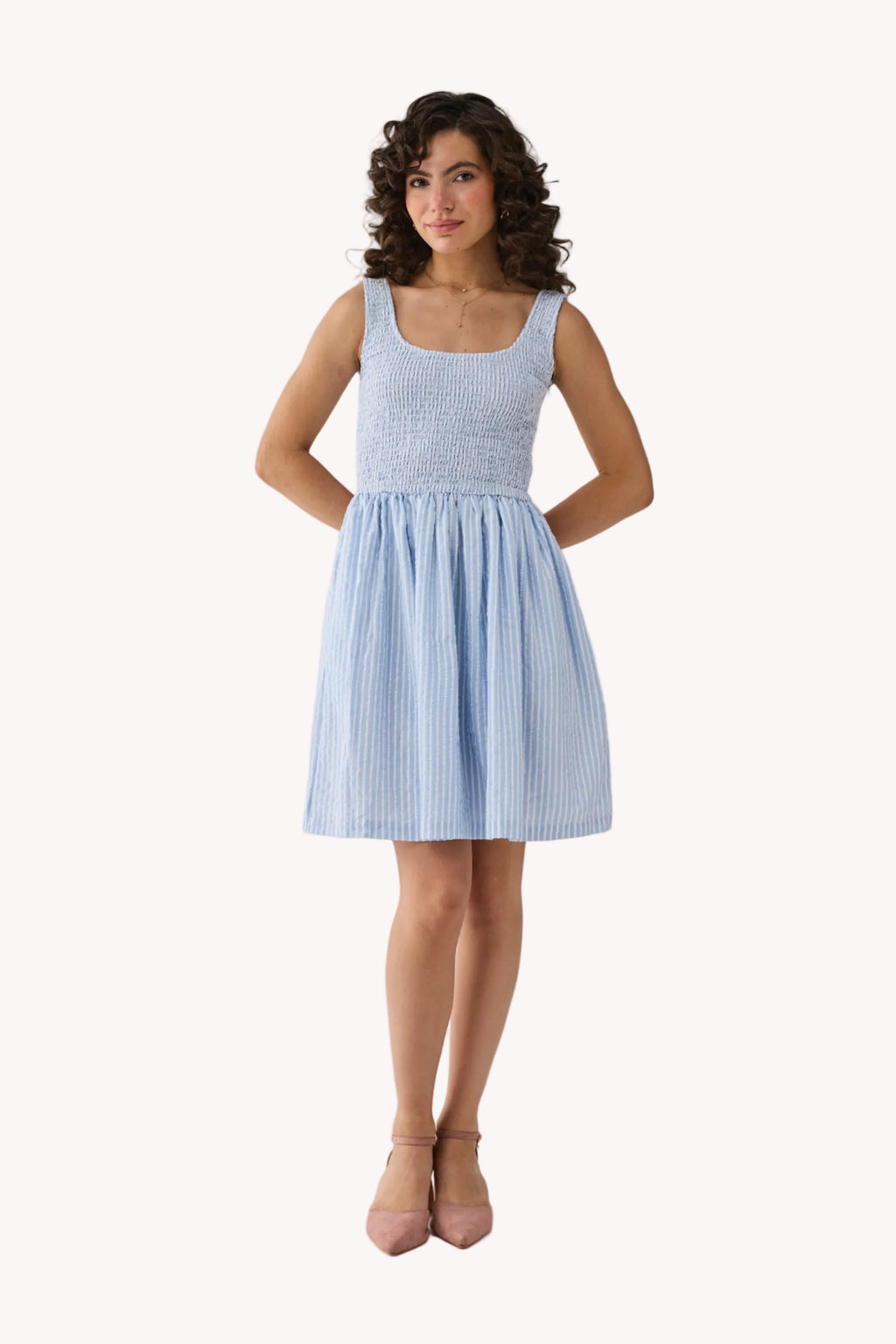 Smocked Short Dress in Blue Stripes