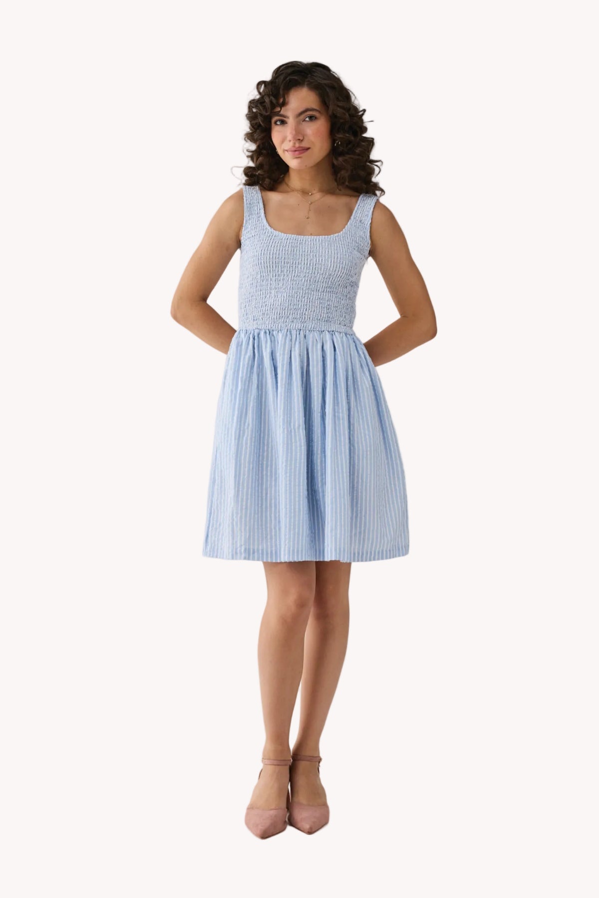 Smocked Short Dress in Blue Stripes