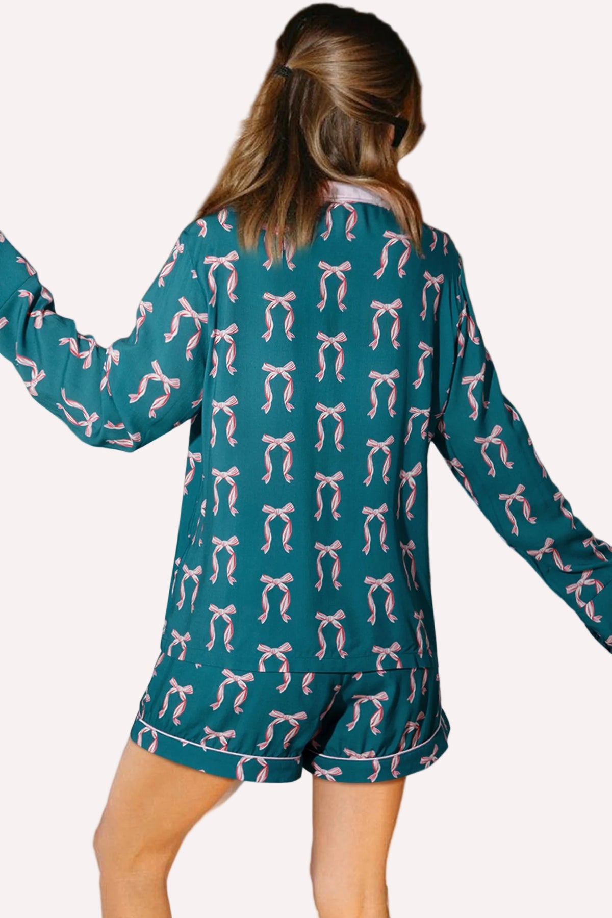 Green Ribbon Bow Print Silky Long Sleeve Shirt and Shorts 2pcs Pajama Set