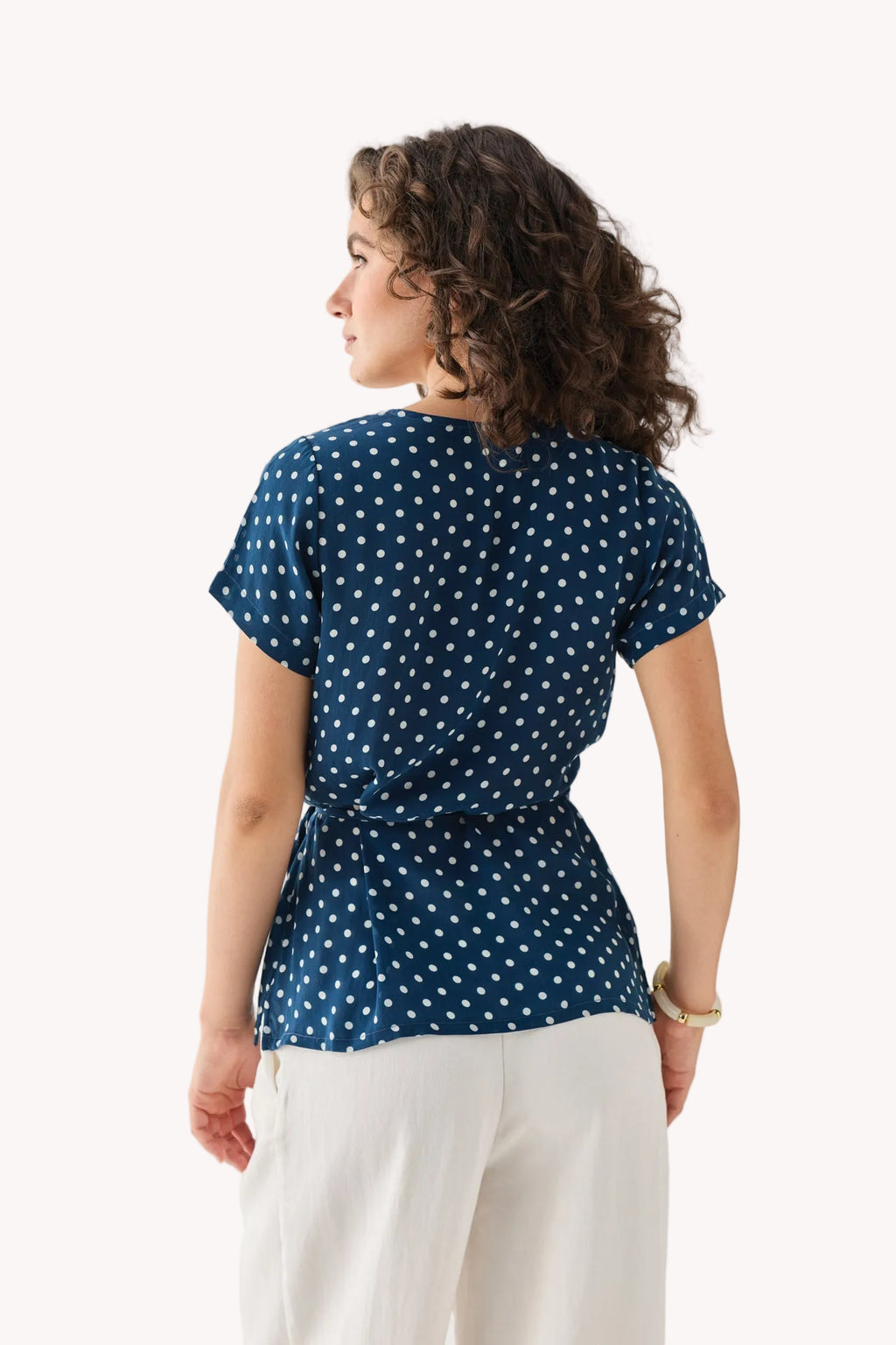 Wrap-Around Top in Navy Blue Polka