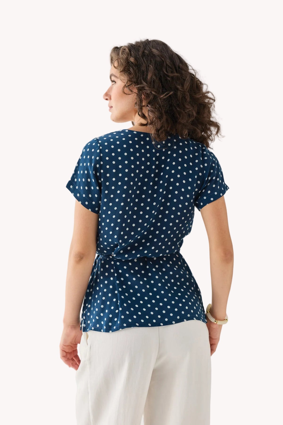 Wrap-Around Top in Navy Blue Polka