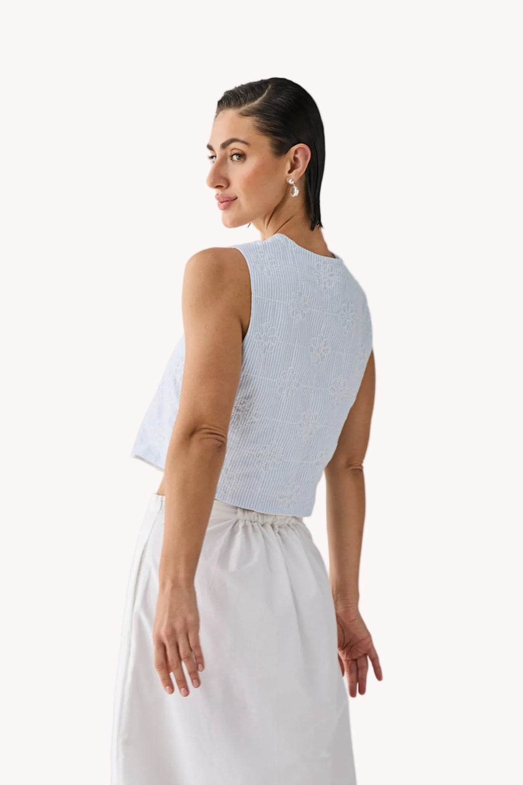 Embroidered Sleeveless Vest Top in Blue Stripe