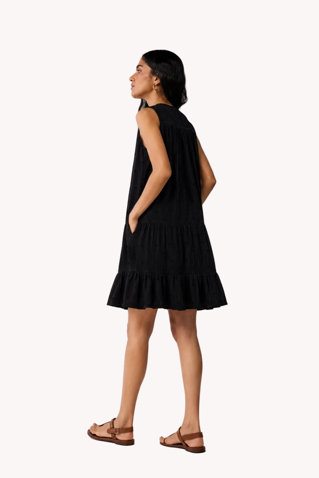 Embroidered Everyday Sleeveless Short Tiered Dress in Black