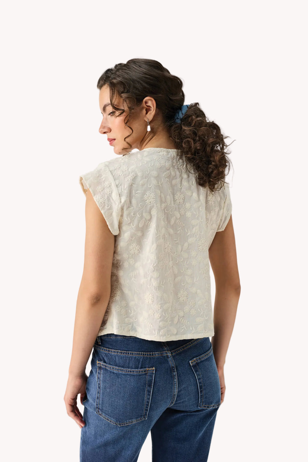 Embroidered Deep V Neck Top in Cream