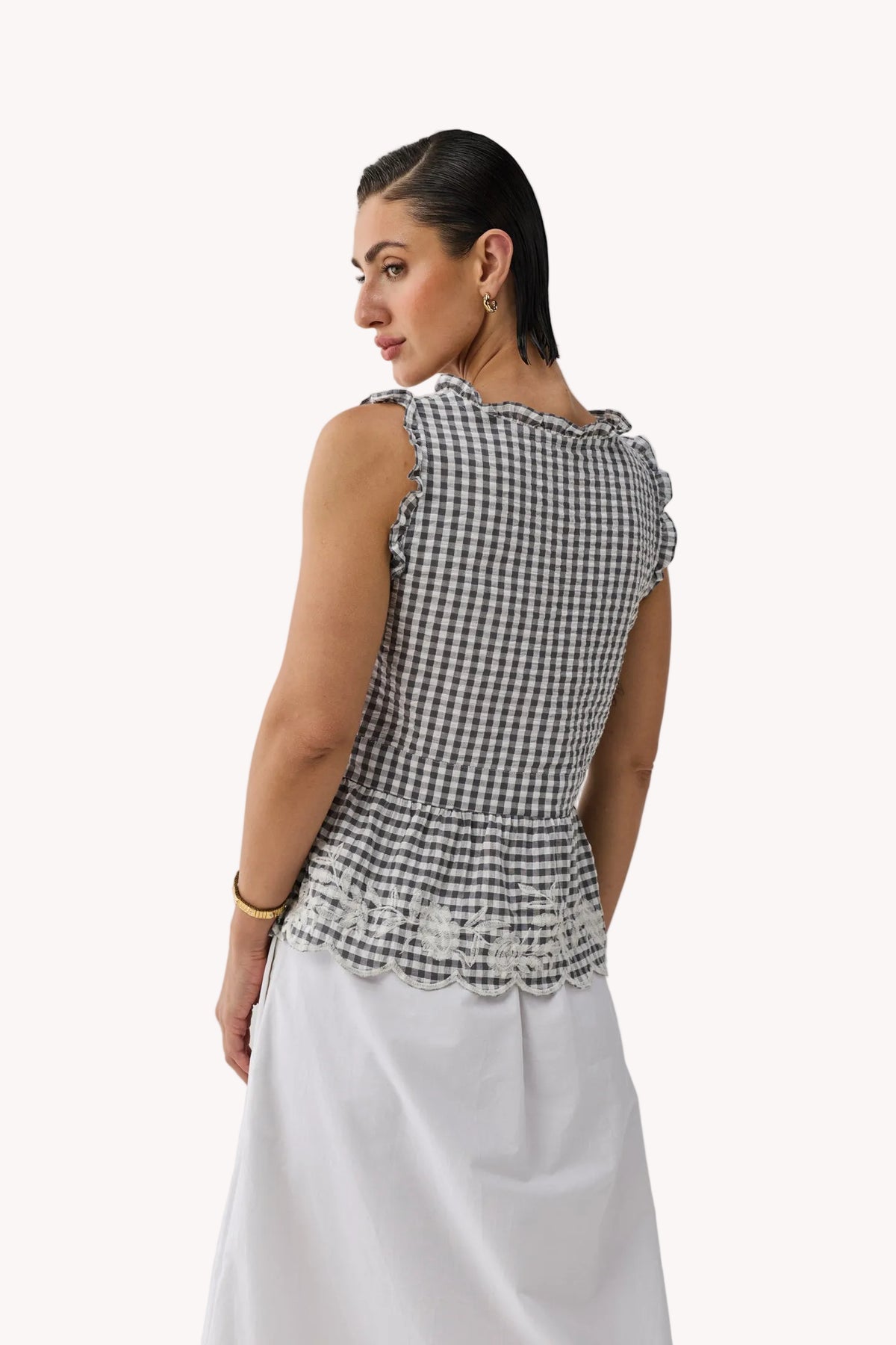 Embroidered Peplum Top in Grey Check