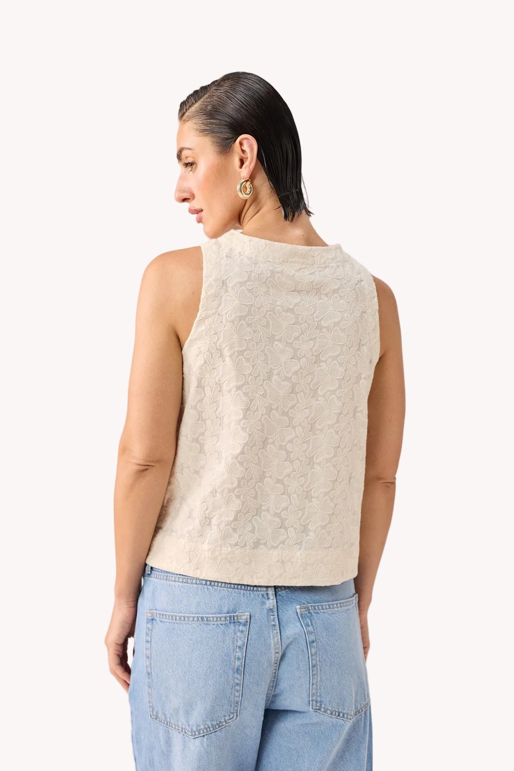 Embroidered Button Front Neck Top in Cream