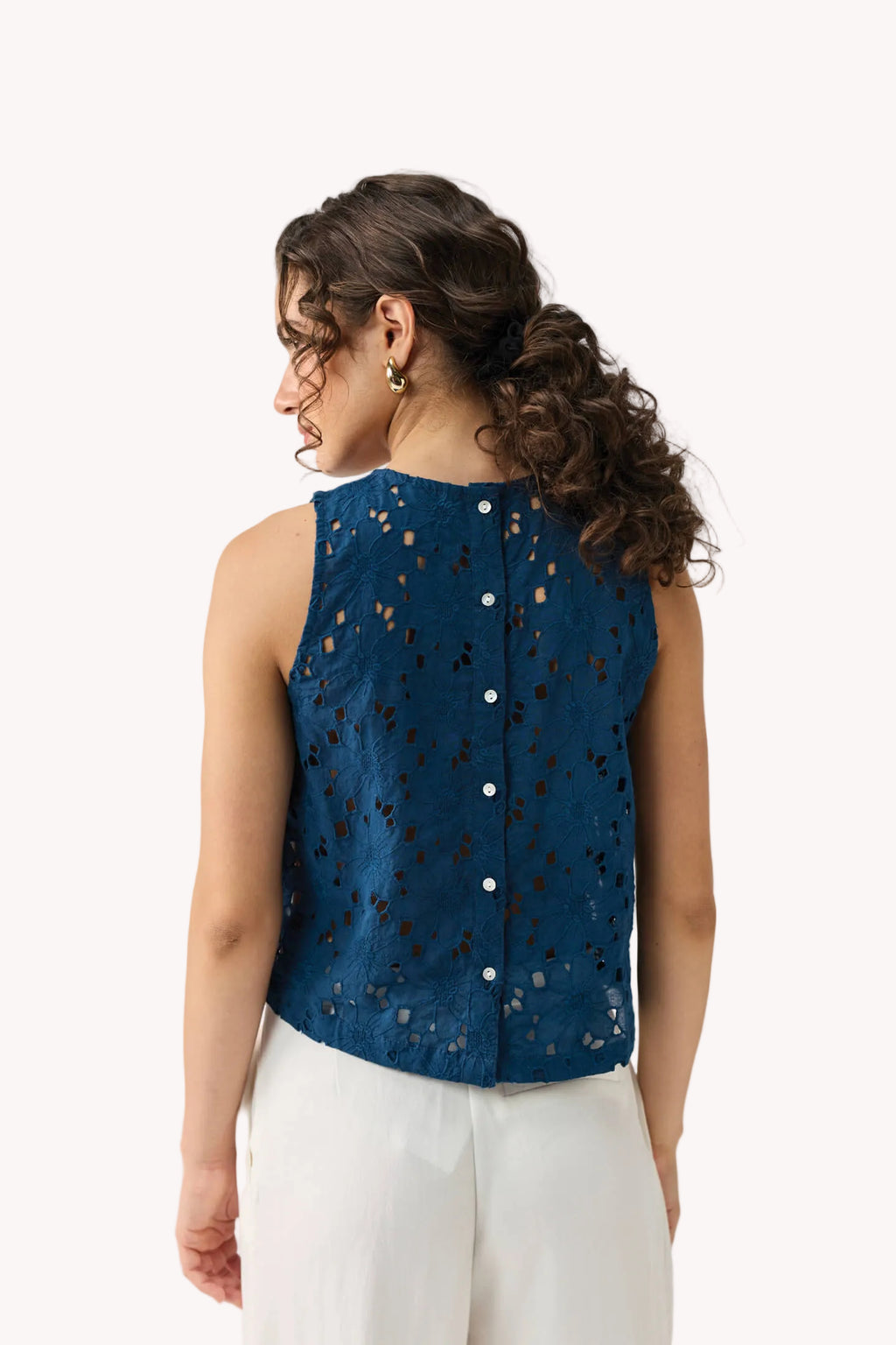 The Embroidered Button Back Top in Blue
