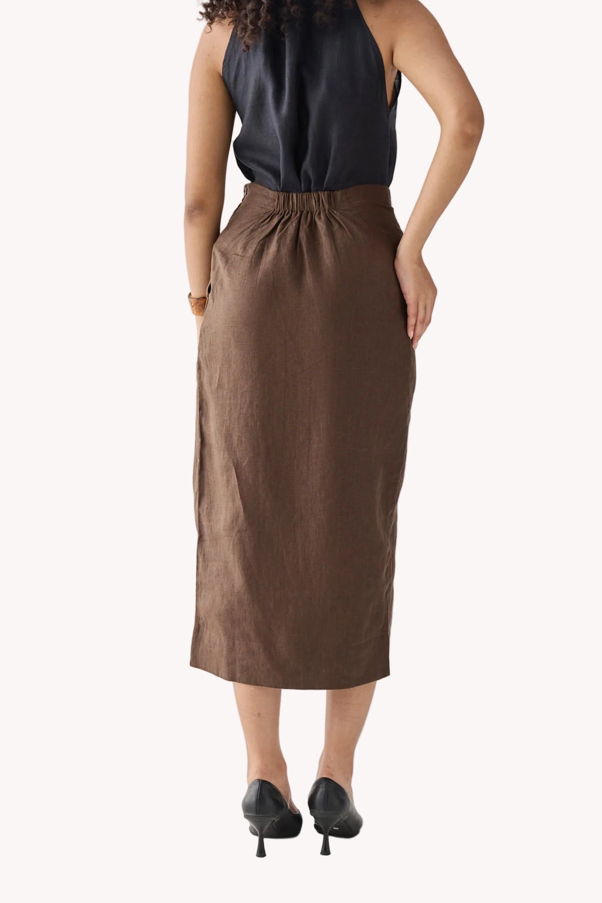 Fitted Overlap Midi Skirt in Brown