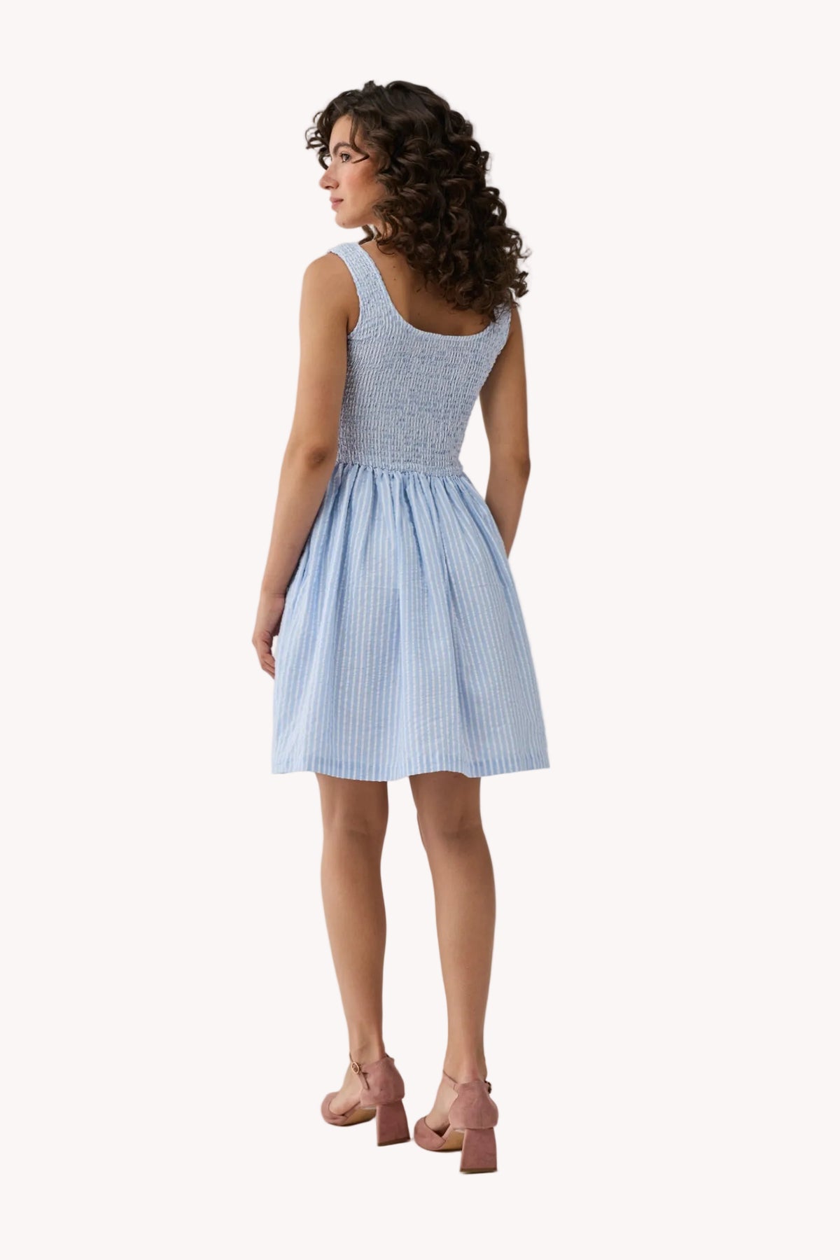 Smocked Short Dress in Blue Stripes