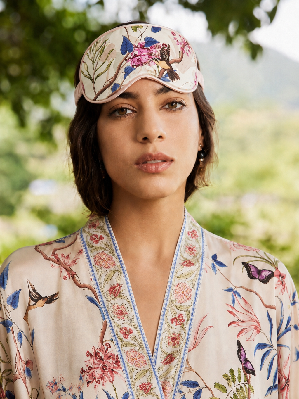 Beige Chinoiserie Floral Long Kimono Robe with Pockets