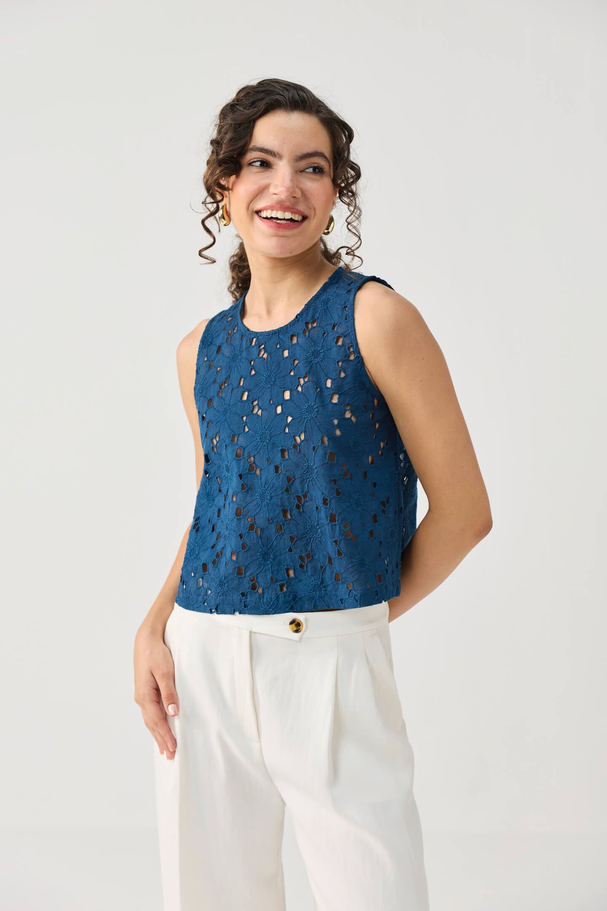 The Embroidered Button Back Top in Blue