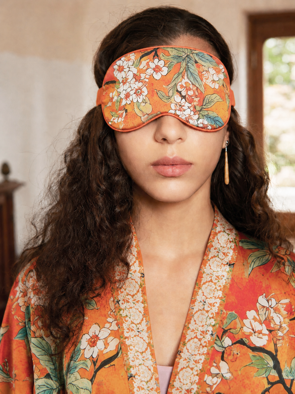 Vintage Orange Enamel Camellia Floral Kimono Robe with Pockets