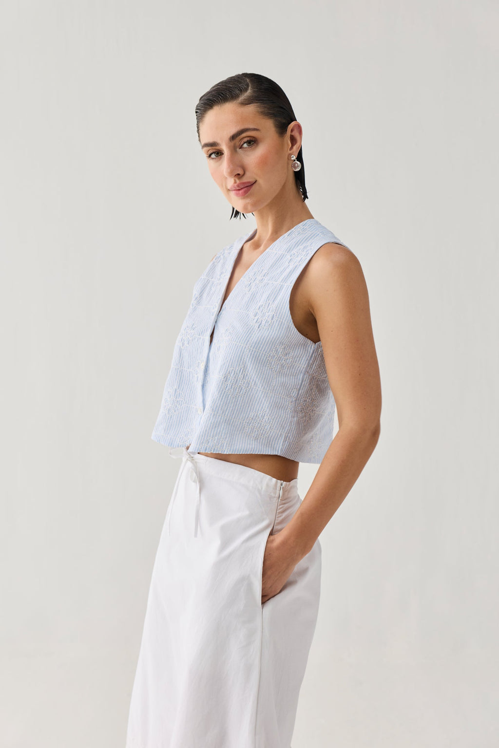Embroidered Sleeveless Vest Top in Blue Stripe