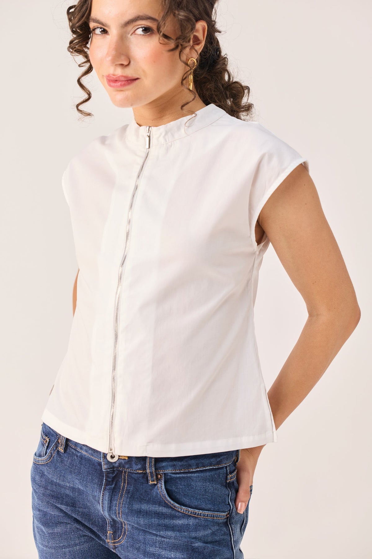Front Zip Top in White