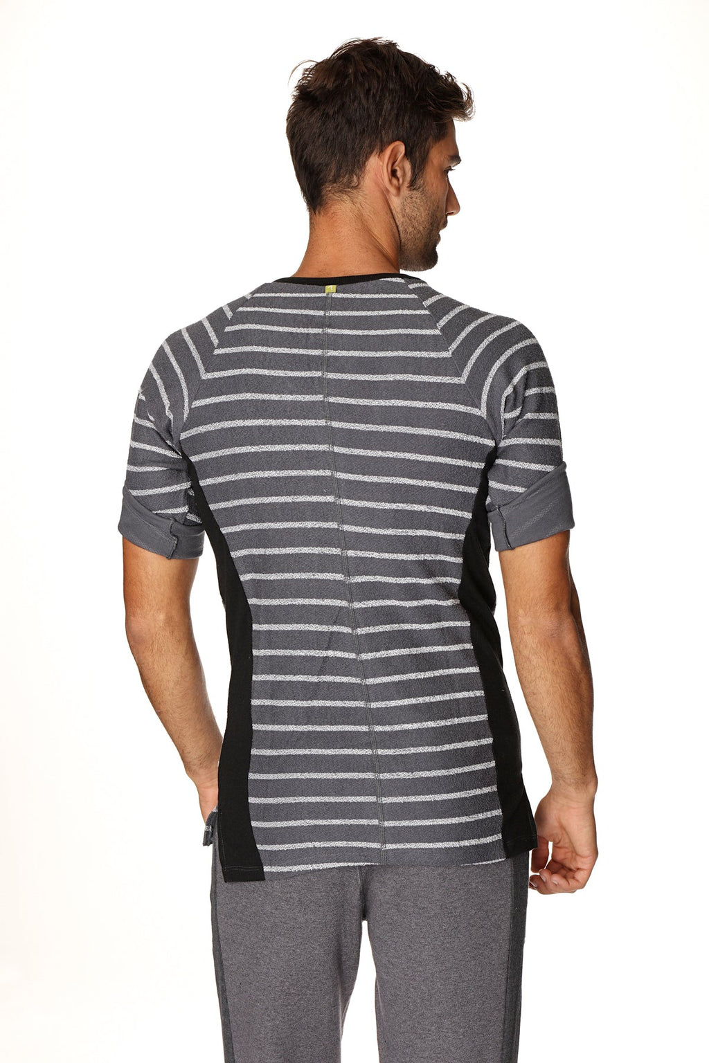 4-rth Mens Vintage-Stripe Henley Tee in French Terry Loop (Charcoal w/Stripe)