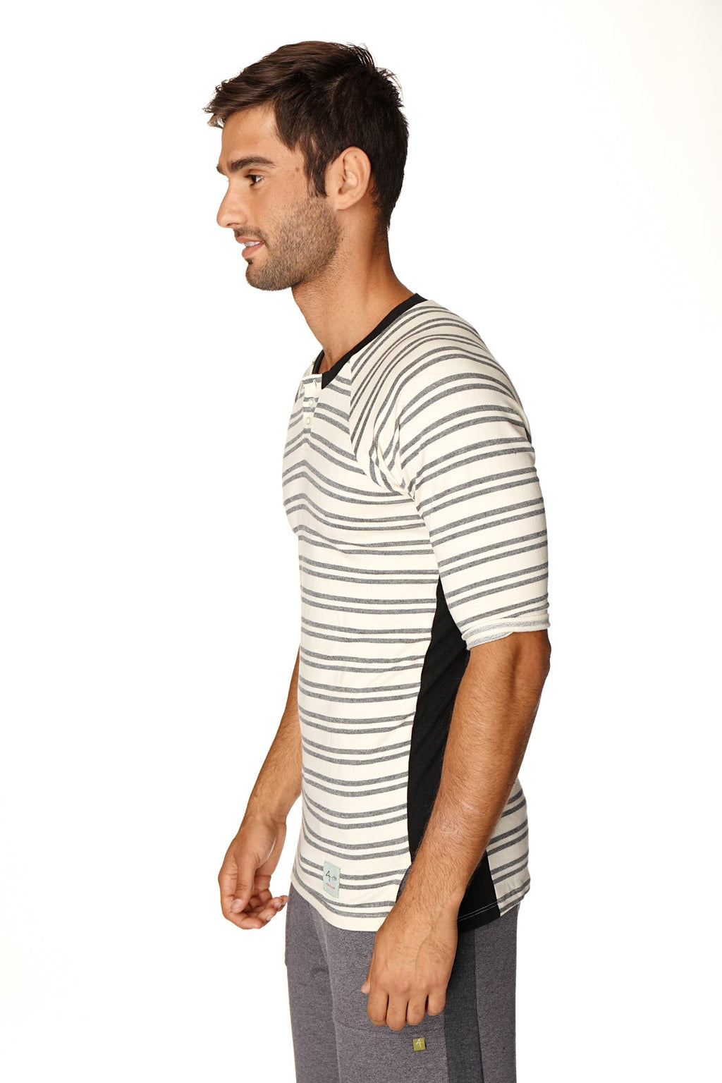 4-rth Mens Vintage-Stripe Henley Tee in French Terry Loop (Dark Grey Double Stripe)