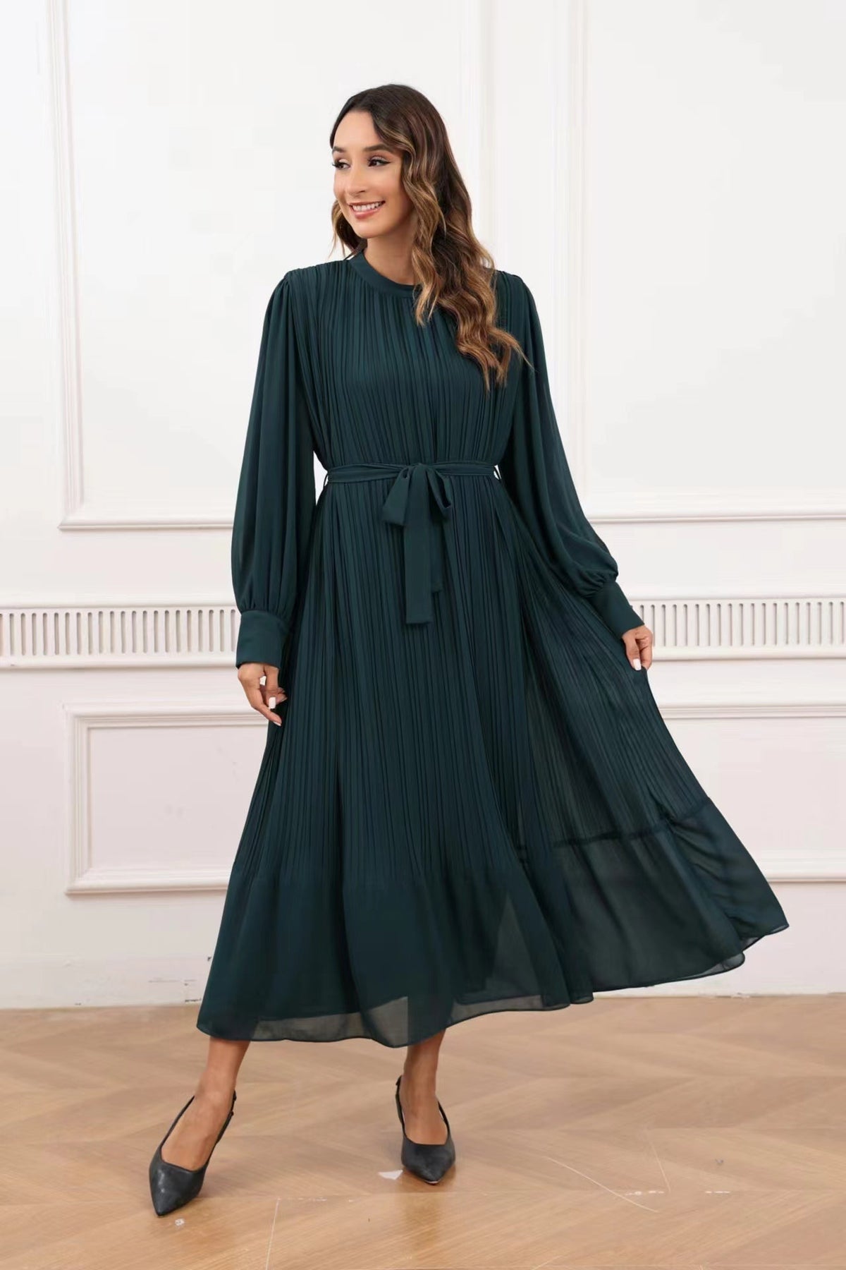 Emerald Green Pleated Poly-Chiffon Long Sleeve Maxi Dress (49.5") – Miss Finch NYC