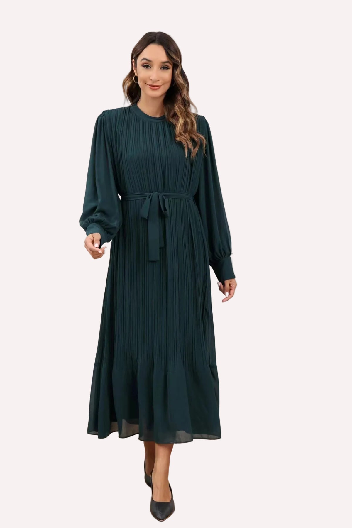 Emerald Green Pleated Poly-Chiffon Long Sleeve Maxi Dress (49.5") – Miss Finch NYC