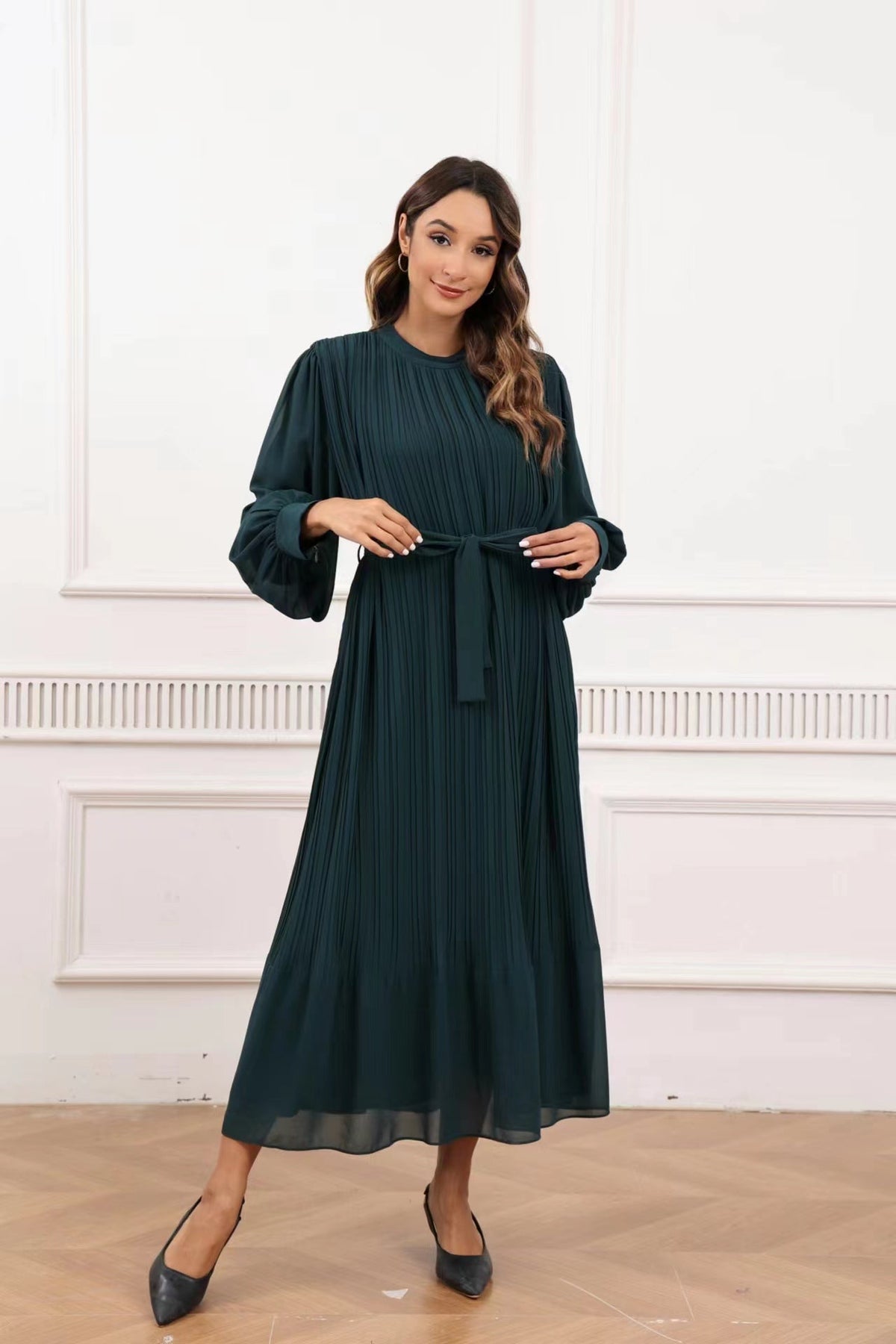 Emerald Green Pleated Poly-Chiffon Long Sleeve Maxi Dress (49.5") – Miss Finch NYC