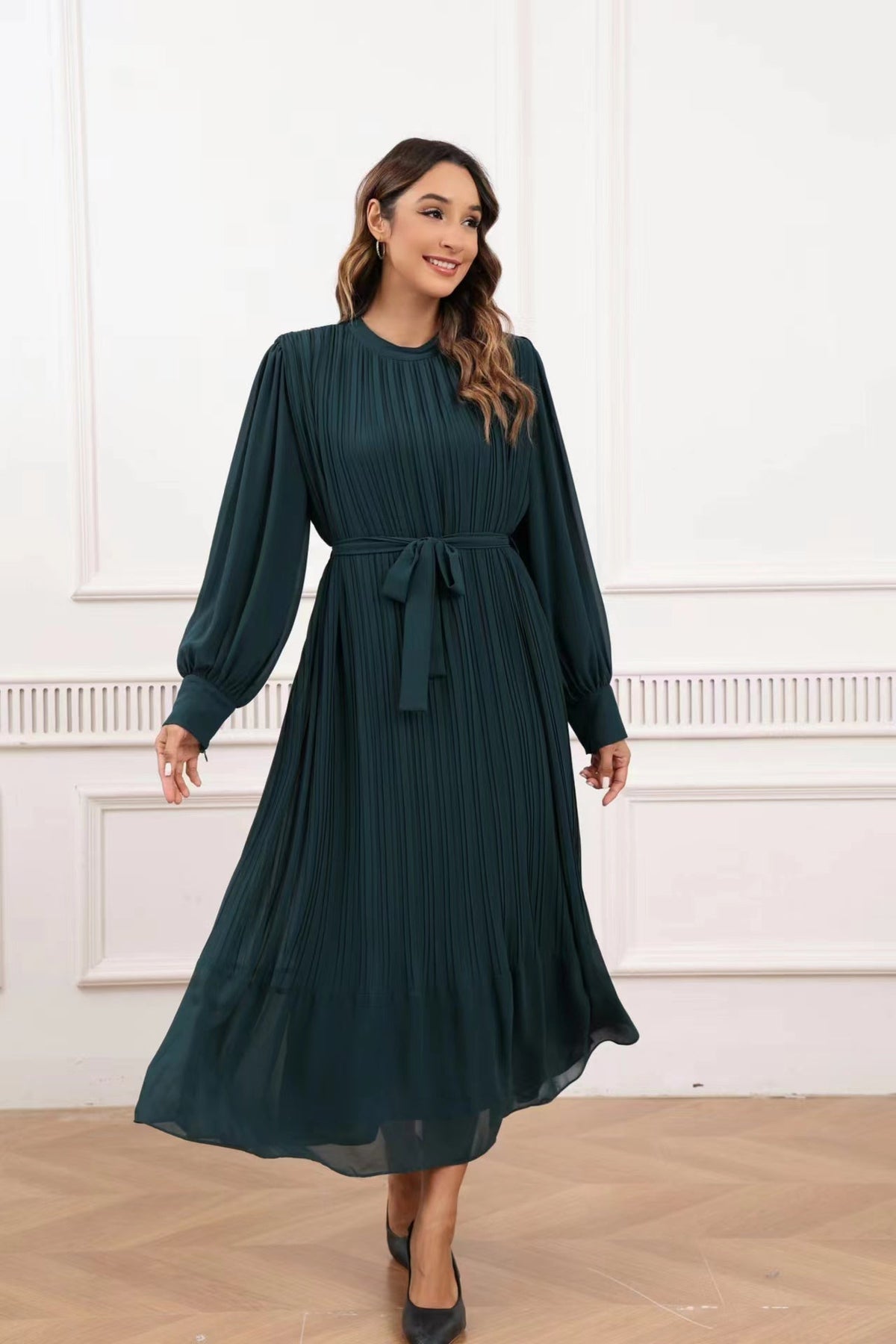 Emerald Green Pleated Poly-Chiffon Long Sleeve Maxi Dress (49.5") – Miss Finch NYC