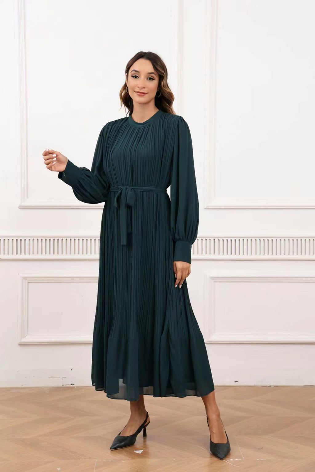 Emerald Green Pleated Poly-Chiffon Long Sleeve Maxi Dress (49.5") – Miss Finch NYC