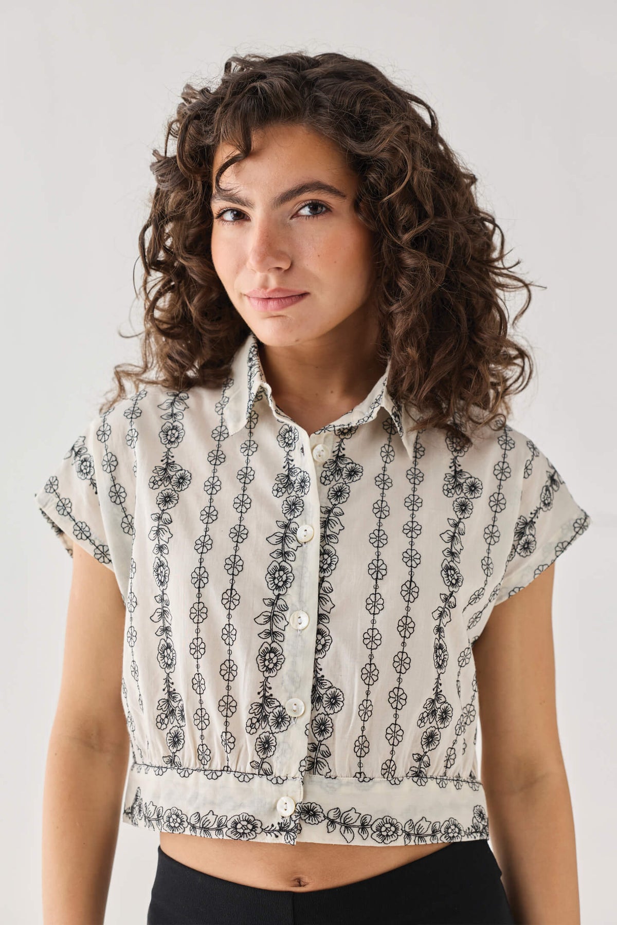 Oversized Crop Shirt with Floral Embroidery