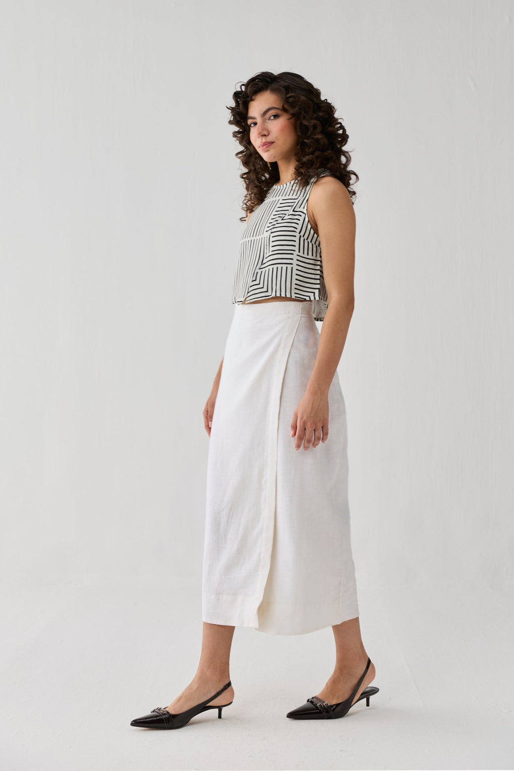 Fitted Overlap Midi Skirt in Off - White