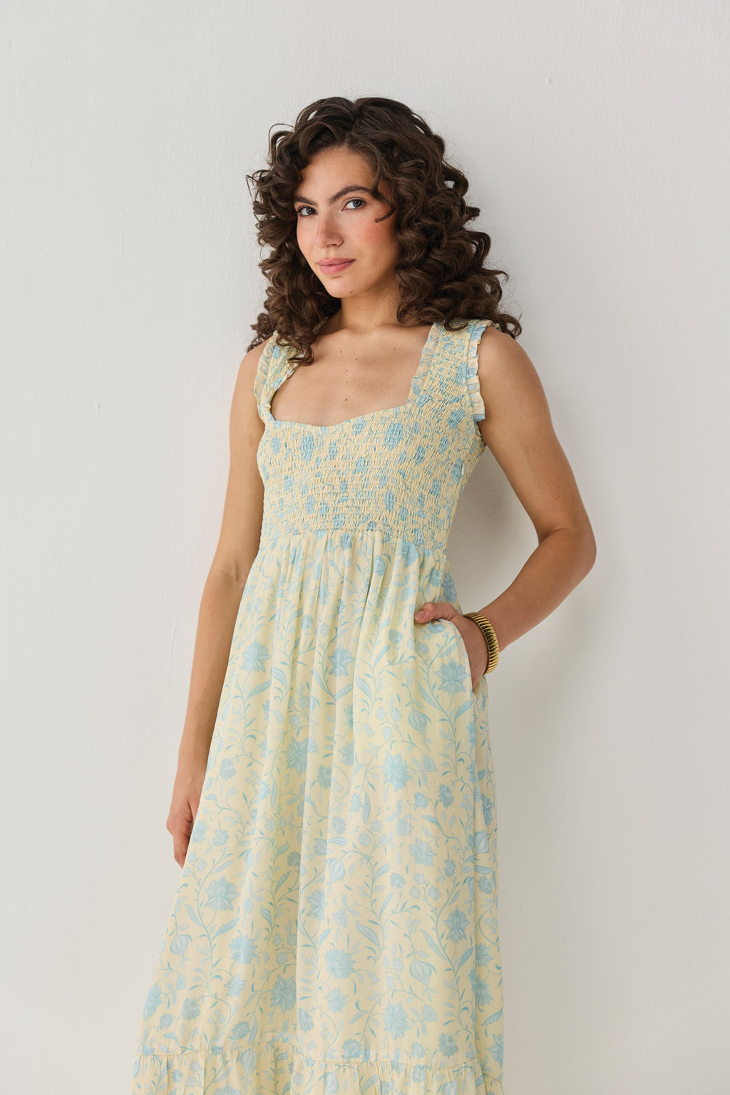 The Smocked Maxi Dress in Yellow Florals