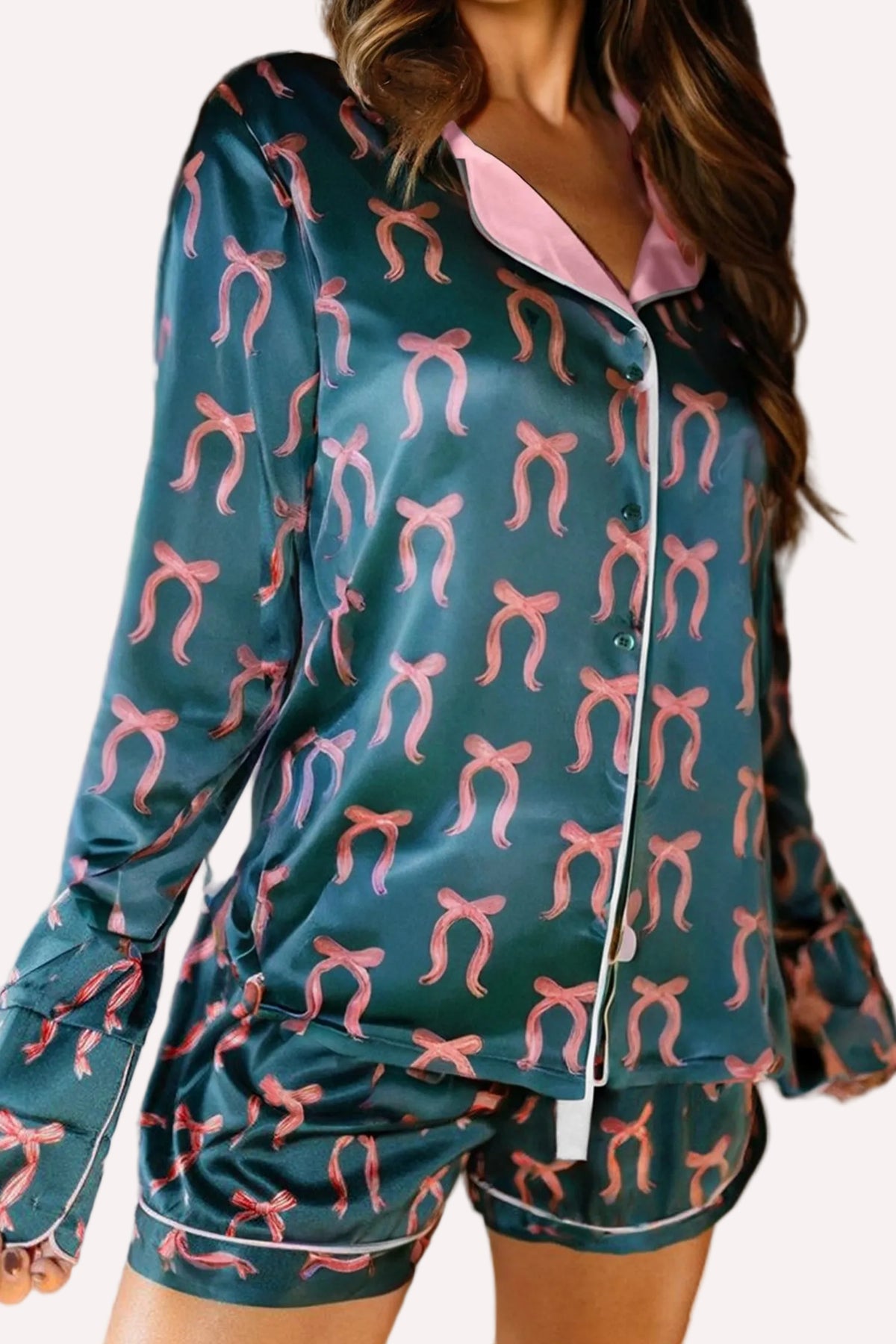Green Ribbon Bow Print Silky Long Sleeve Shirt and Shorts 2pcs Pajama Set