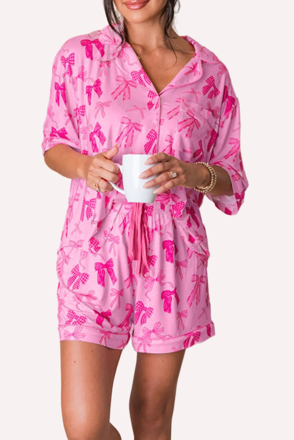 Pink Bow Print Half Sleeve Shirt and Shorts Pajamas Set