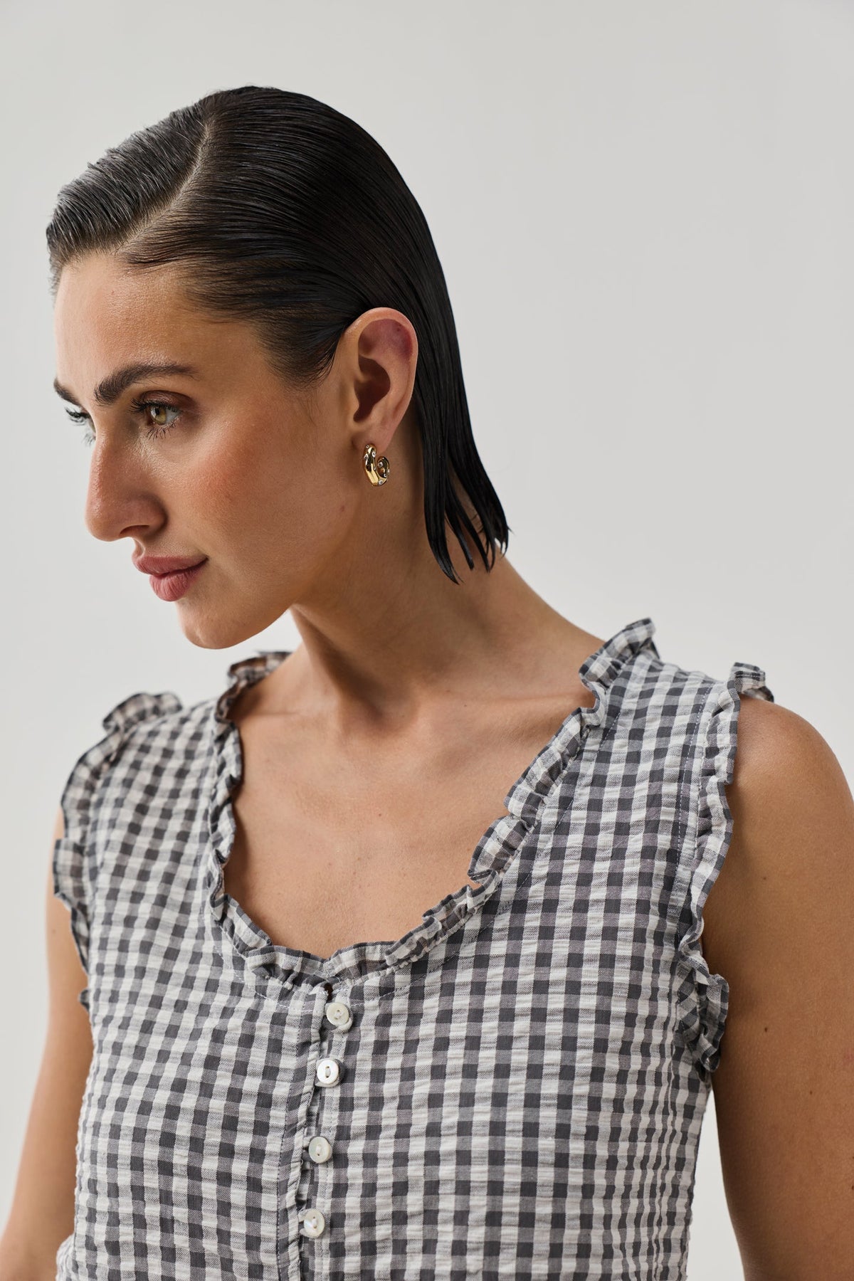 Embroidered Peplum Top in Grey Check