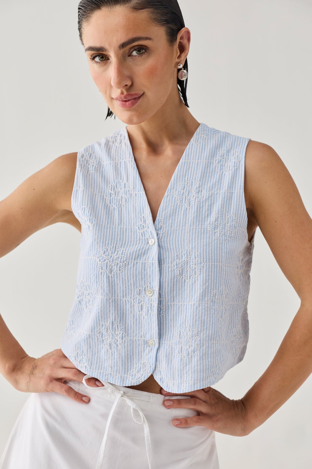 Embroidered Sleeveless Vest Top in Blue Stripe