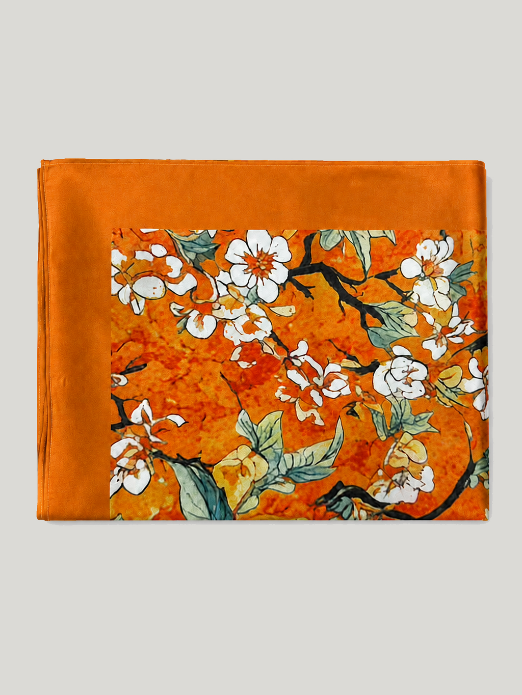 Vintage Orange Enamel Camellia Floral Kimono Robe with Pockets
