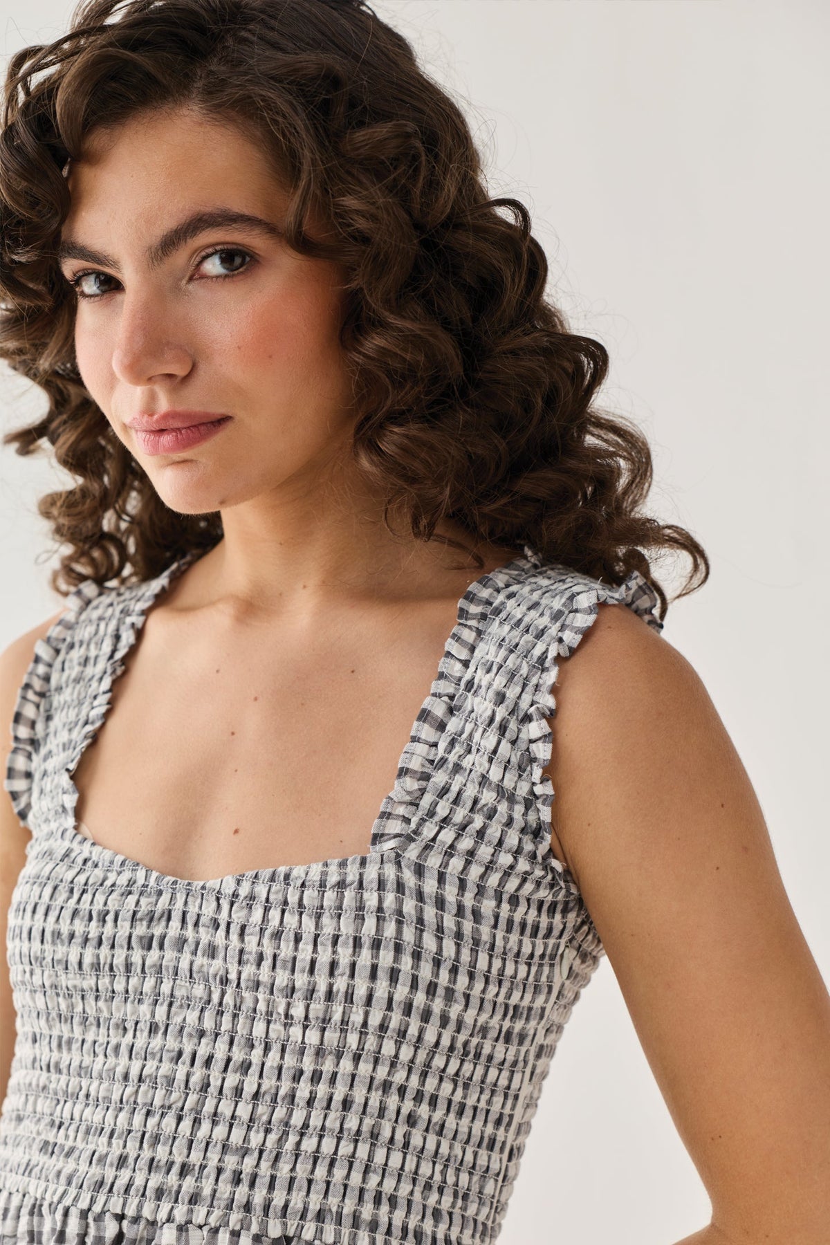 The Smocked Maxi Dress in Grey Check
