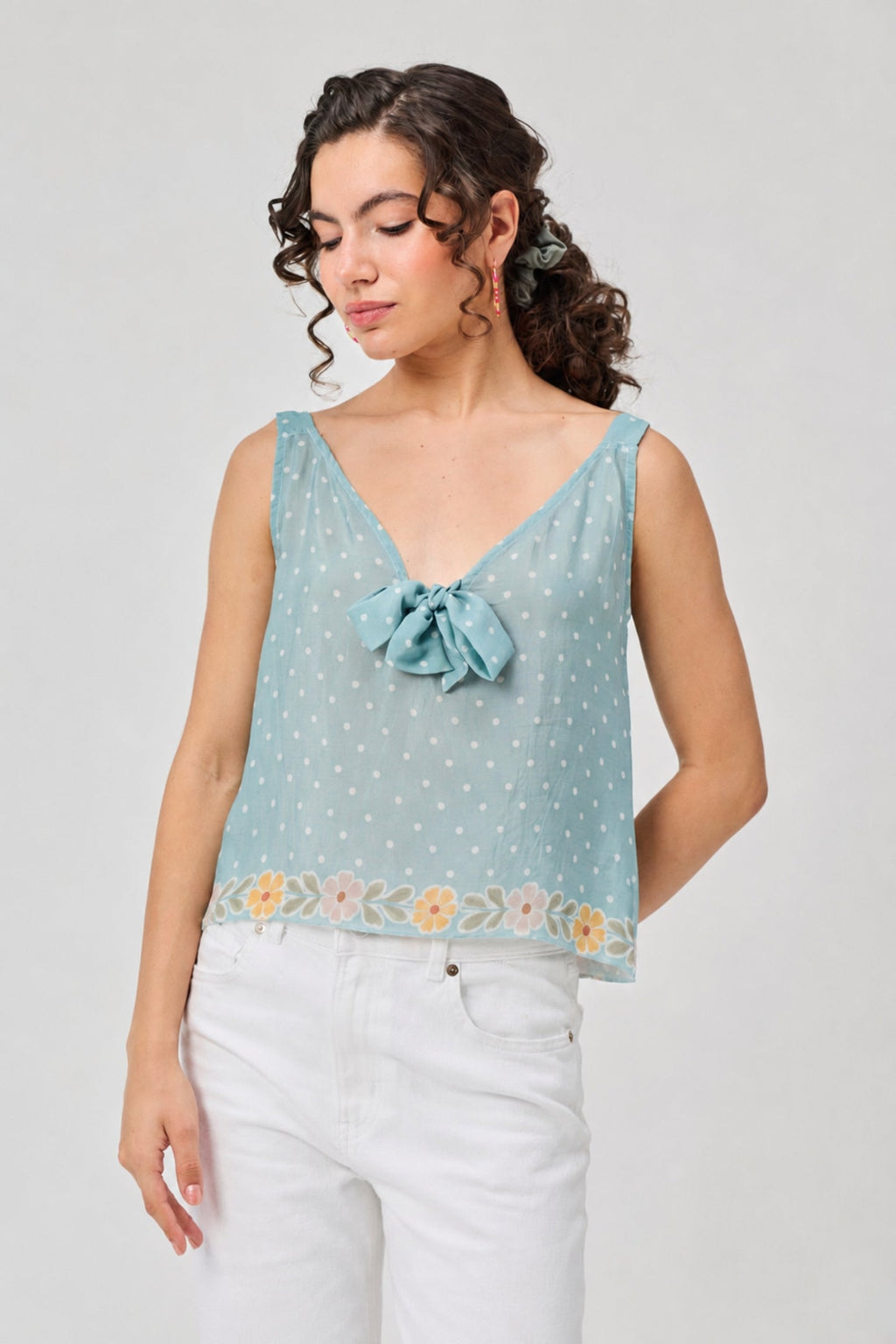 Deep V-Neck Polka Dot Top with Bow Detail