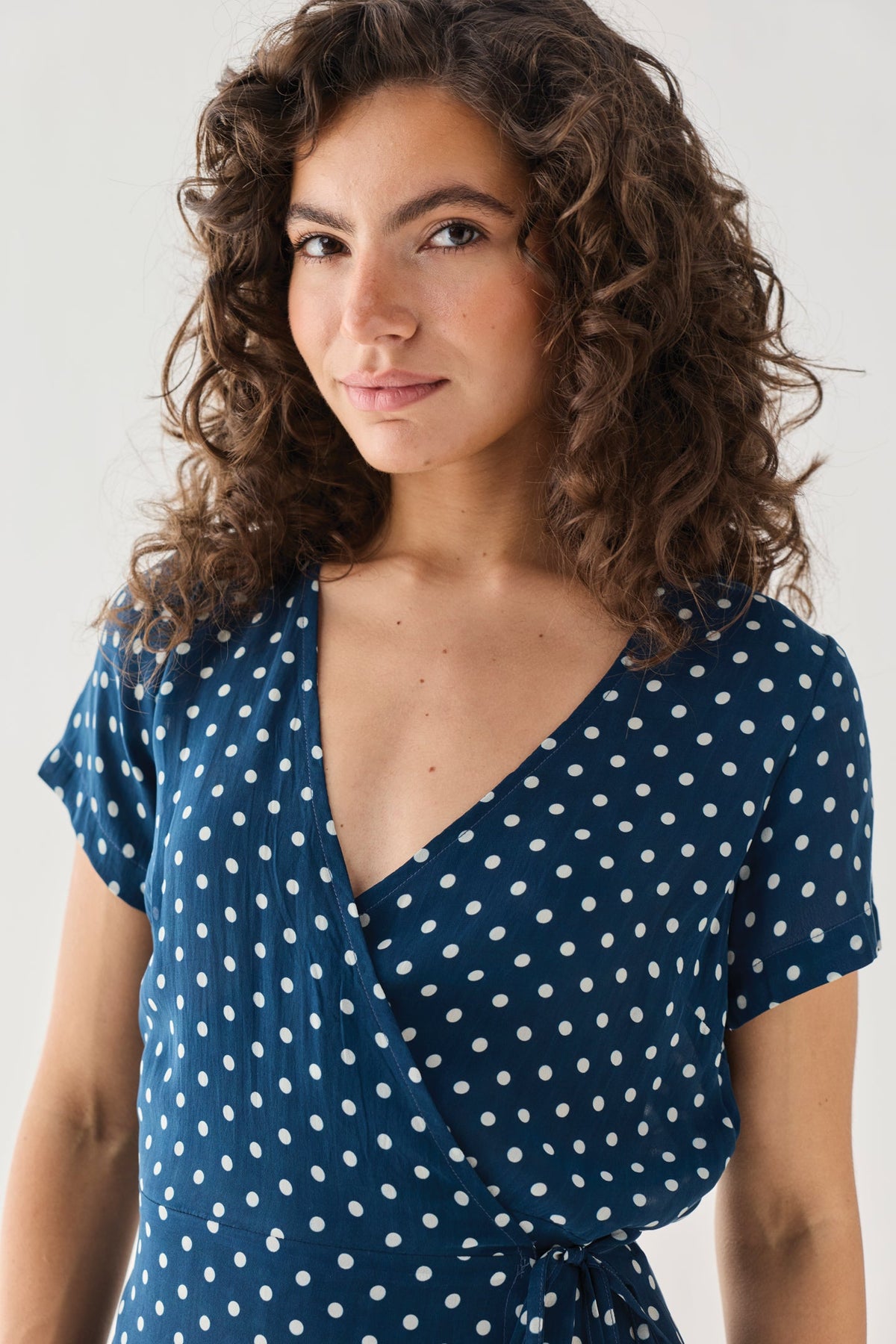 Wrap-Around Top in Navy Blue Polka