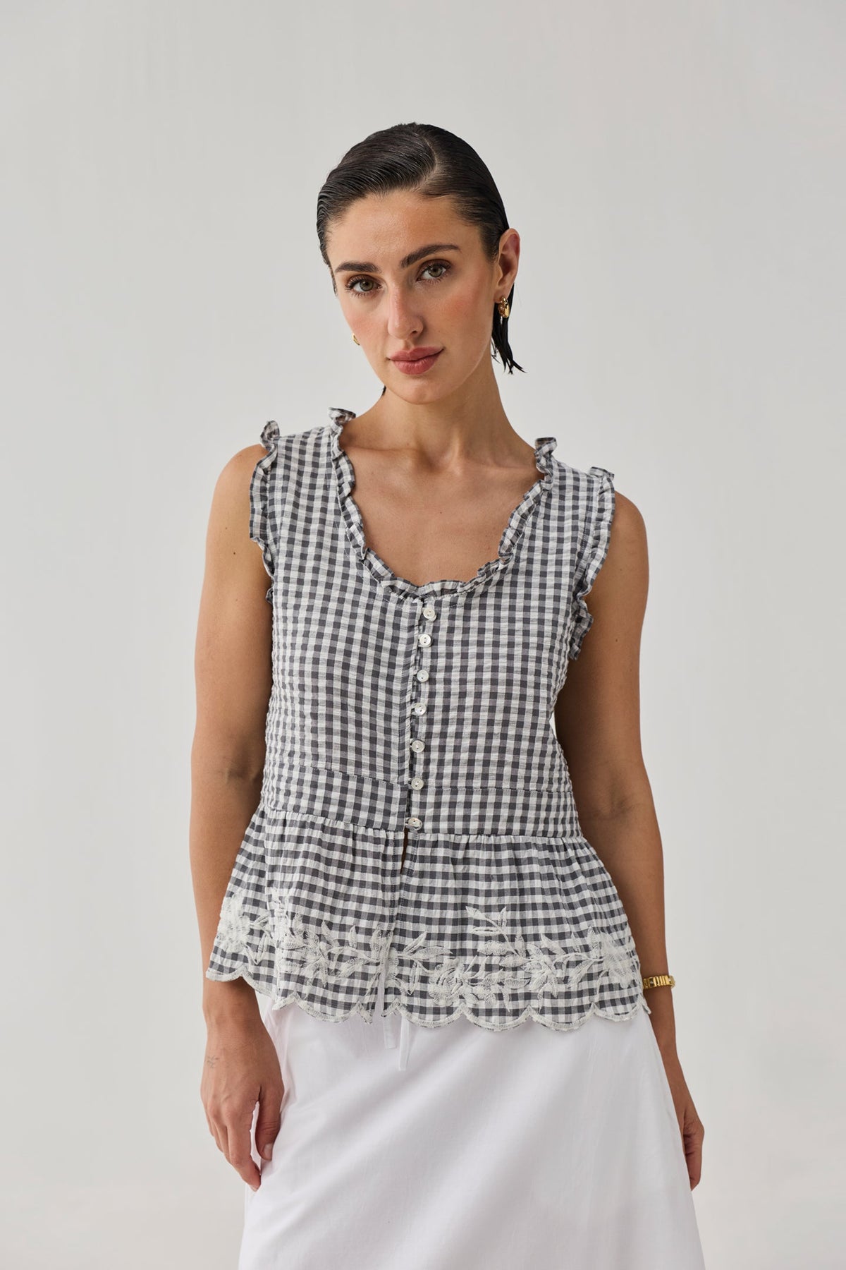 Embroidered Peplum Top in Grey Check