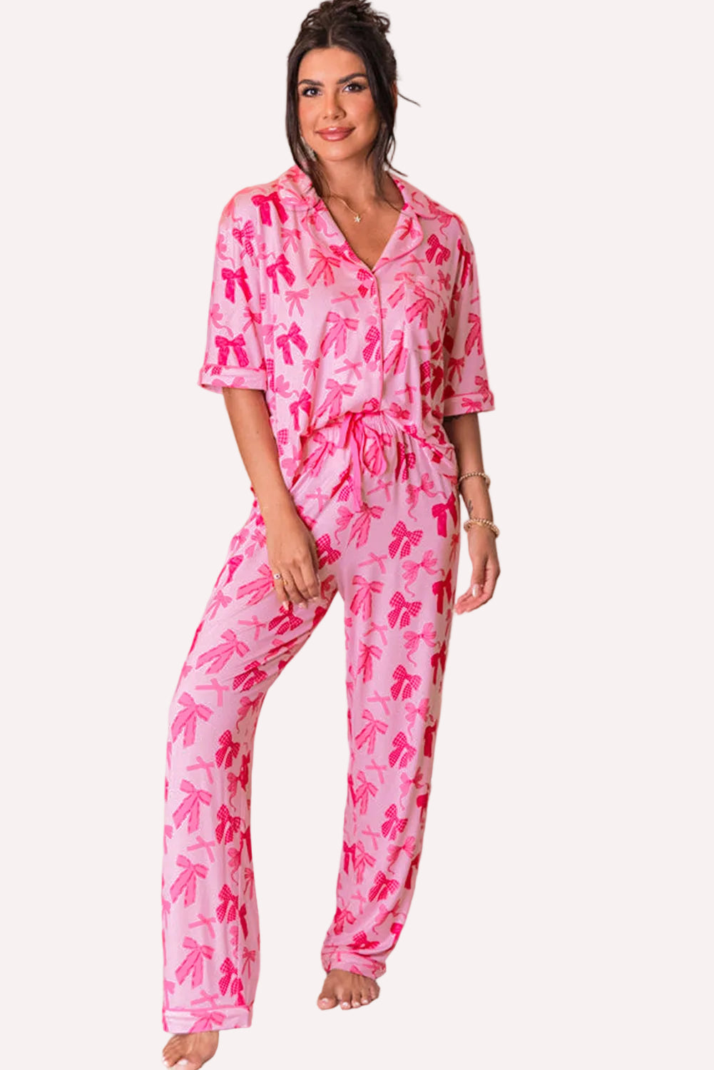 Pink Bow Knot Print Lapel Collar Short Sleeve and Pants Pajamas Set