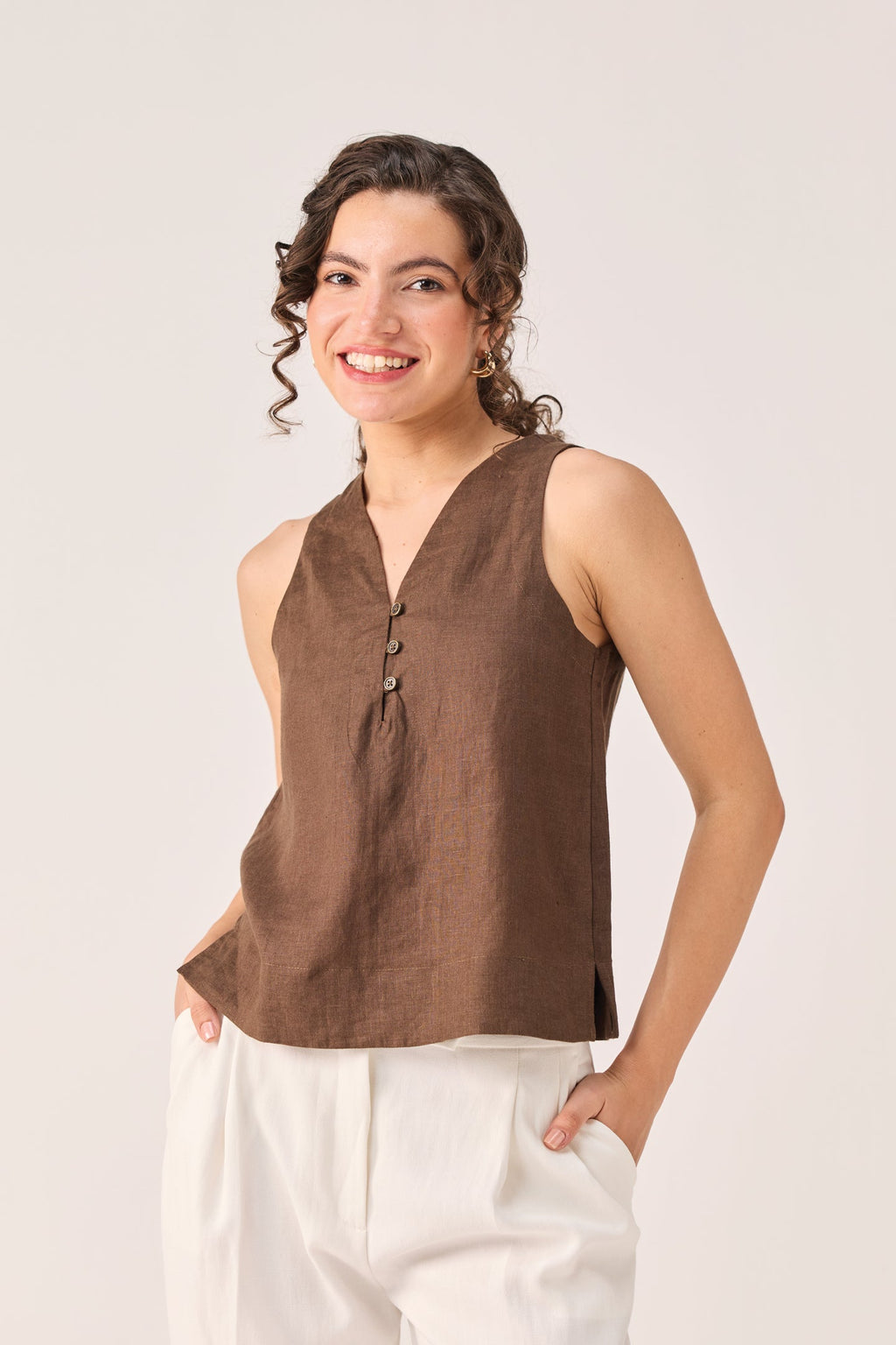 The Button Neck Top in Brown