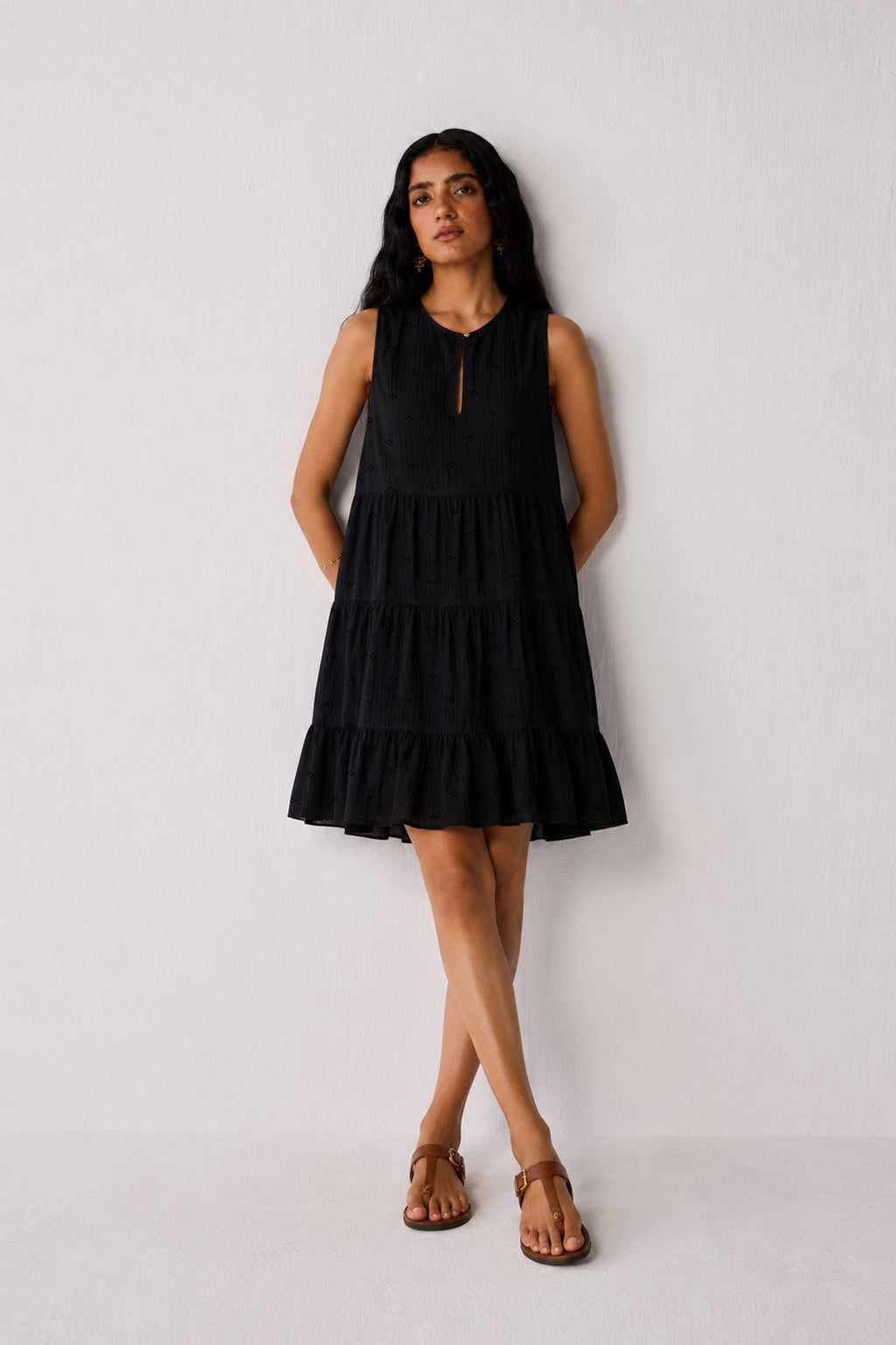 Embroidered Everyday Sleeveless Short Tiered Dress in Black