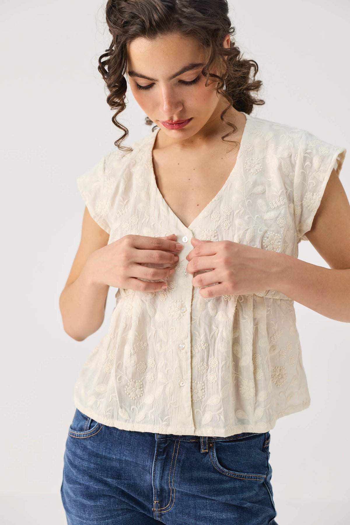 Embroidered Deep V Neck Top in Cream