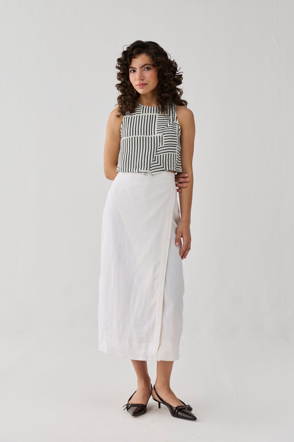 Fitted Overlap Midi Skirt in Off - White