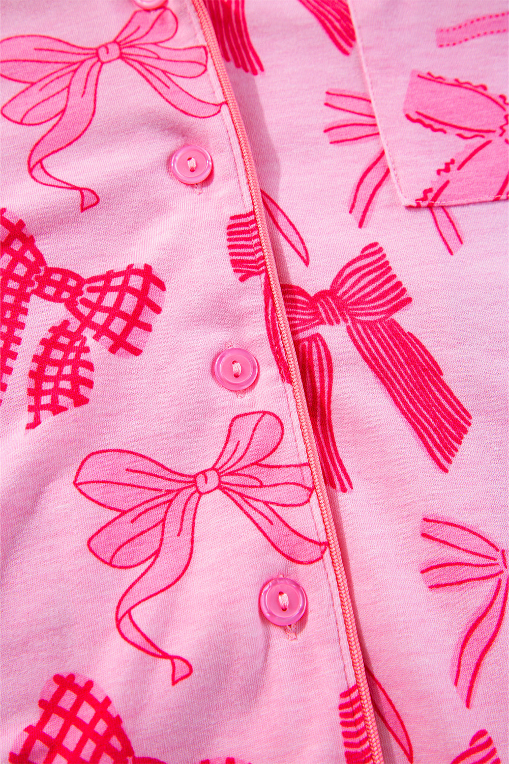 Pink Bow Knot Print Lapel Collar Short Sleeve and Pants Pajamas Set