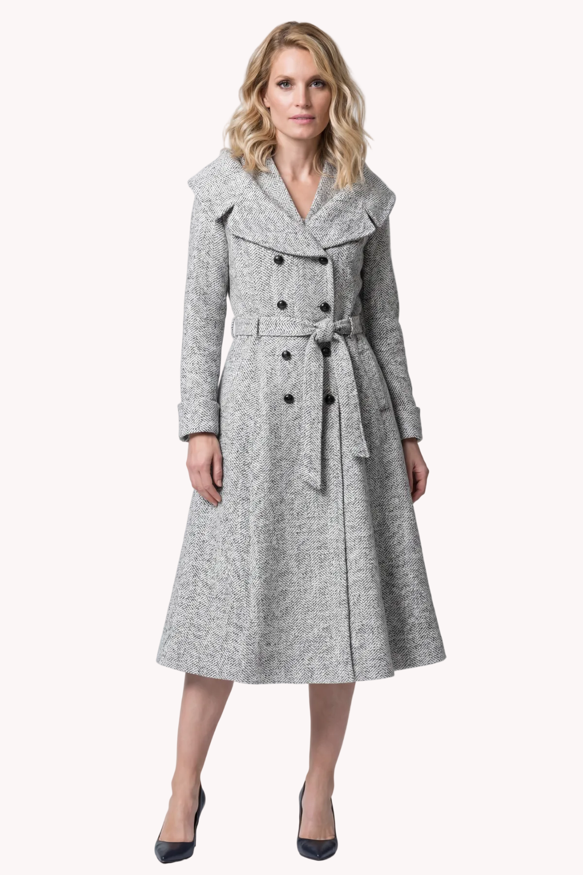 Gray Herringbone Wool Wrap Coat, Nicole