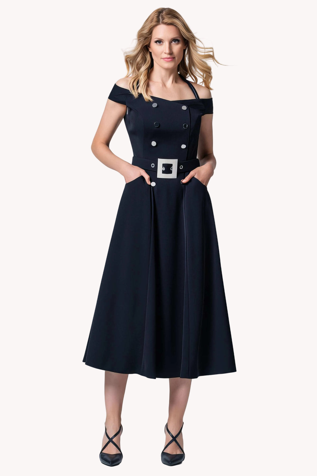 Navy Off-Shoulder Dress, Greta