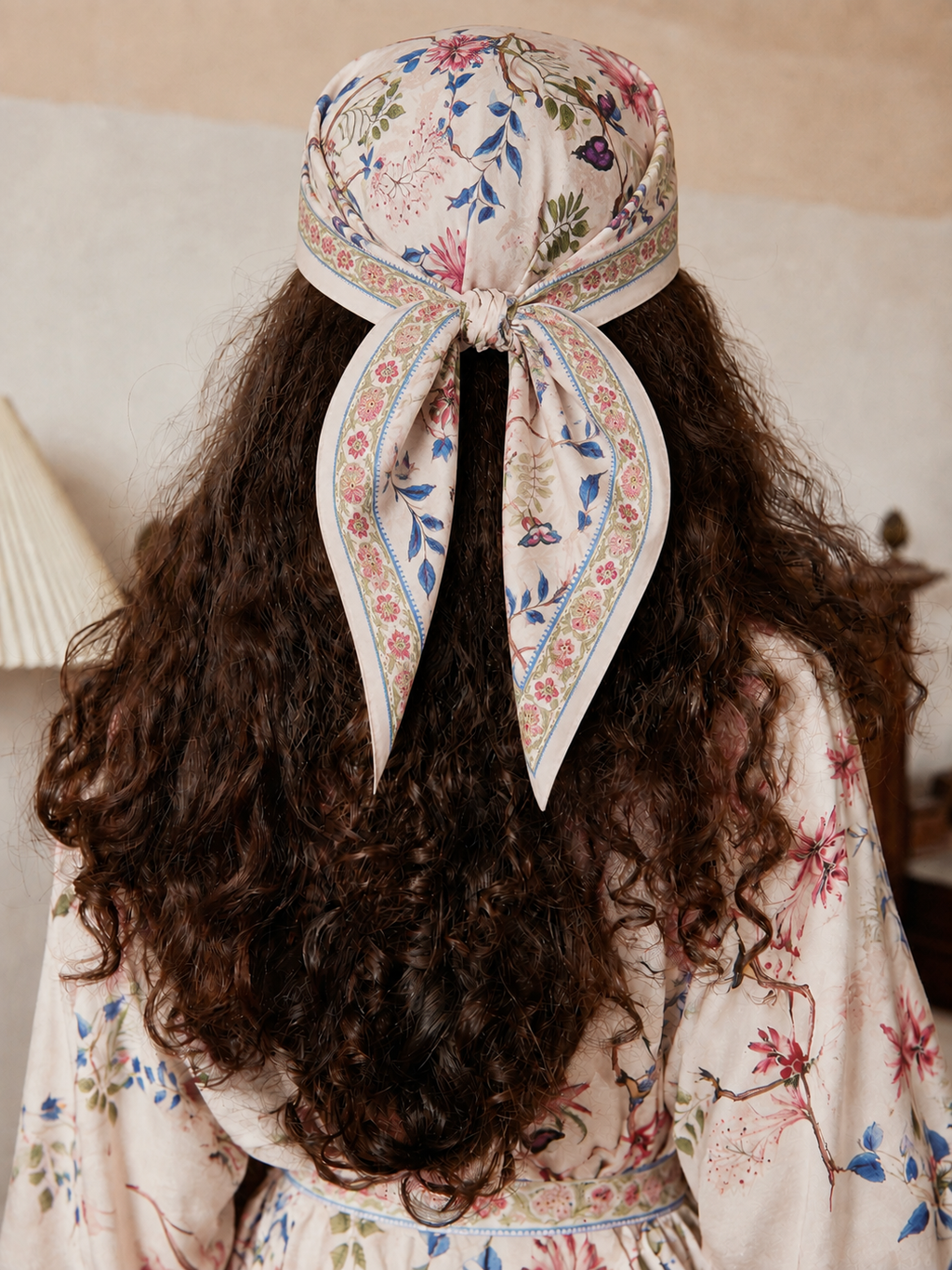 Beige Chinoiserie Floral Long Kimono Robe with Pockets
