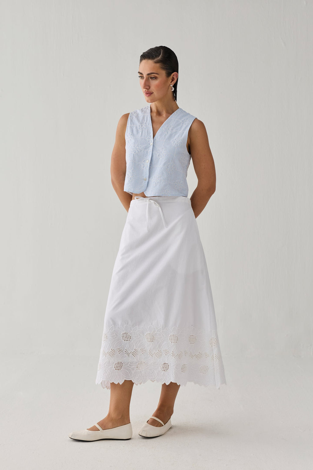 Embroidered Sleeveless Vest Top in Blue Stripe