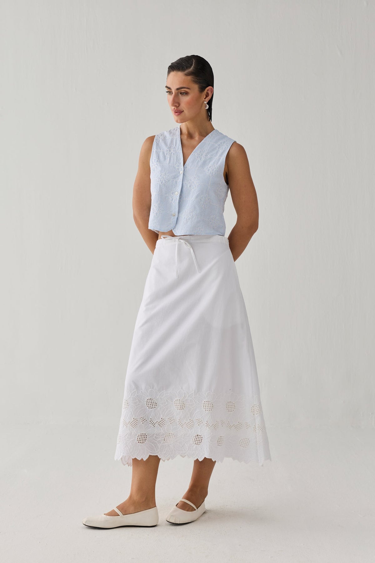 Embroidered Sleeveless Vest Top in Blue Stripe