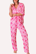 Pink Bow Knot Print Lapel Collar Short Sleeve and Pants Pajamas Set